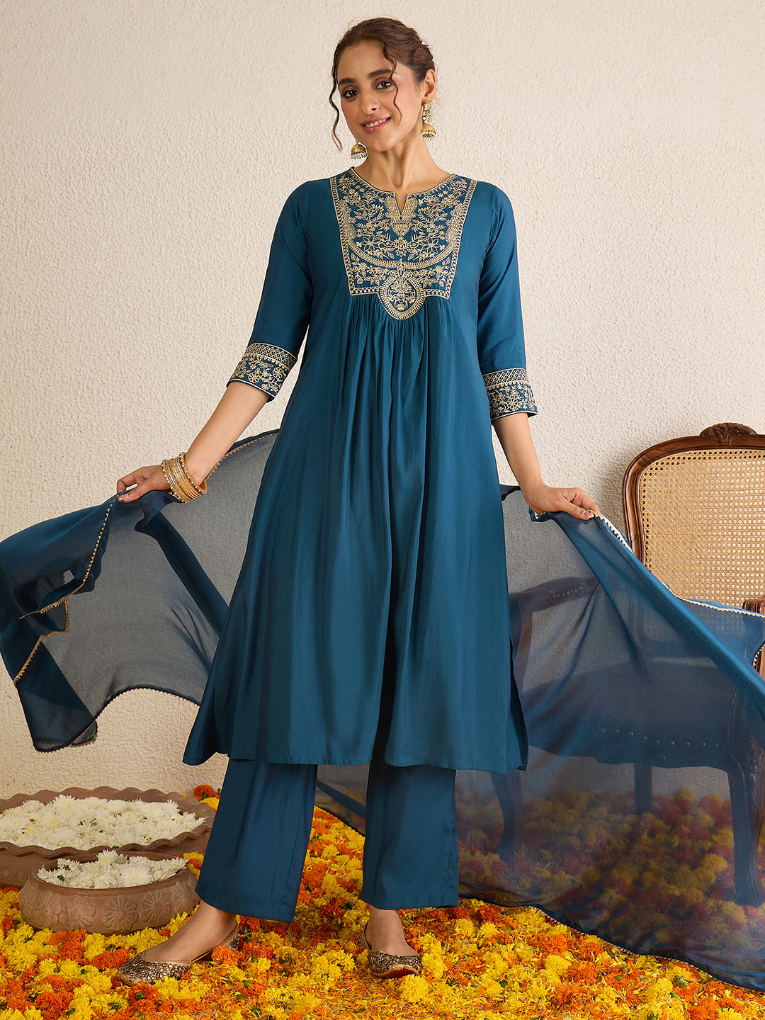 Janasya Women's Teal Blue Chanderi Silk Zari Embroidered A-Line Kurta Set