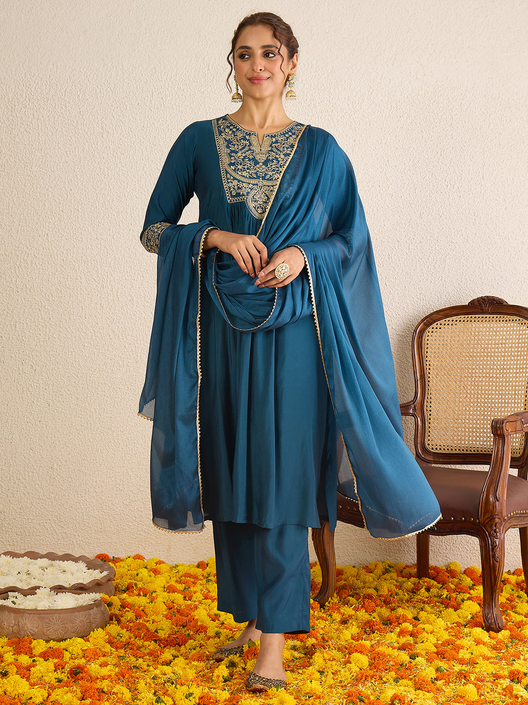 Janasya Women's Teal Blue Chanderi Silk Zari Embroidered A-Line Kurta Set