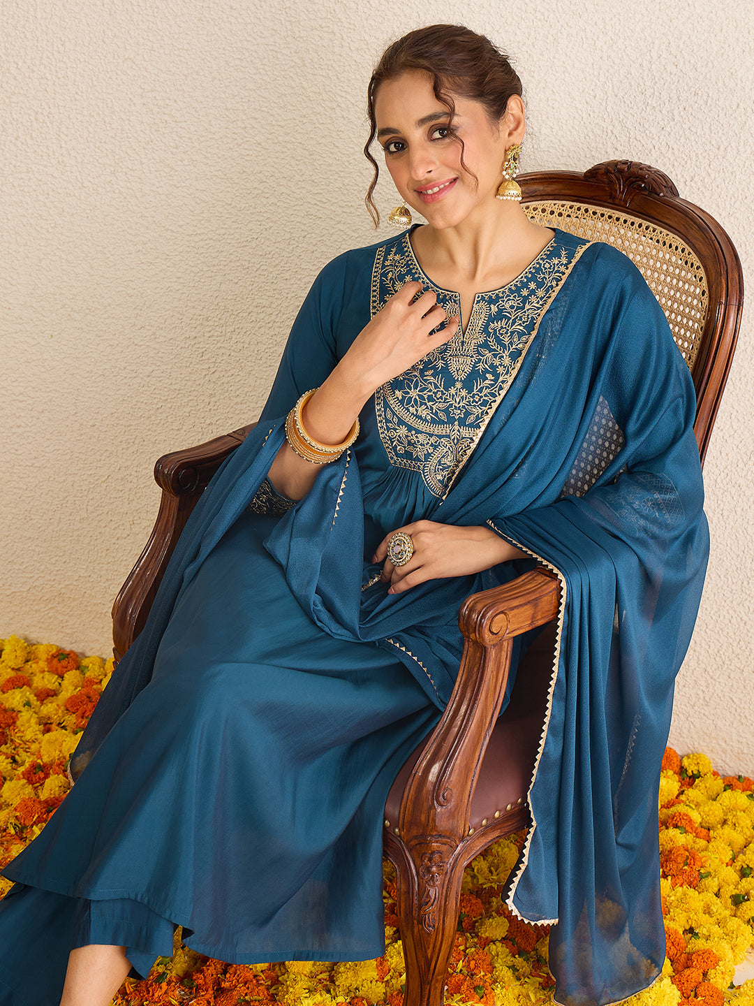 Janasya Women's Teal Blue Chanderi Silk Zari Embroidered A-Line Kurta Set