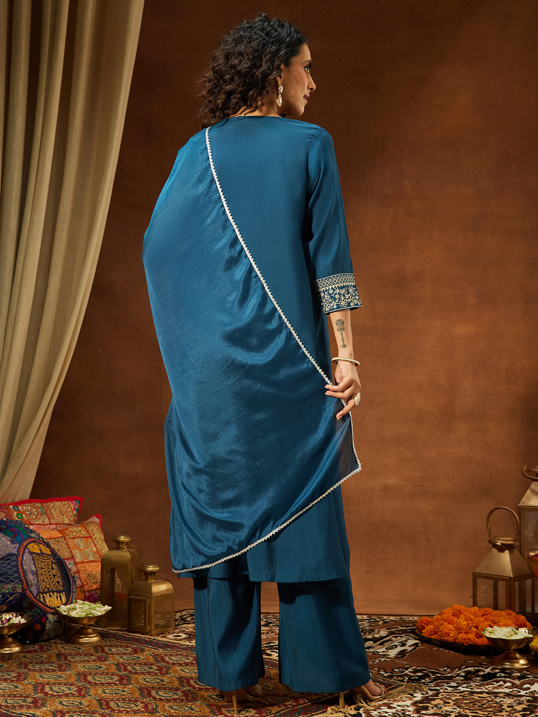 Janasya Women's Teal Blue Chanderi Silk Zari Embroidered A-line Kurta Set