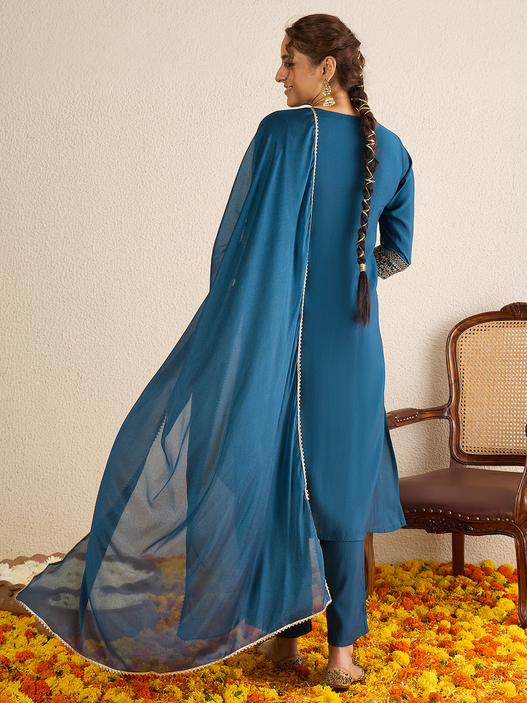 Janasya Women's Teal Blue Chanderi Silk Zari Embroidered A-Line Kurta Set