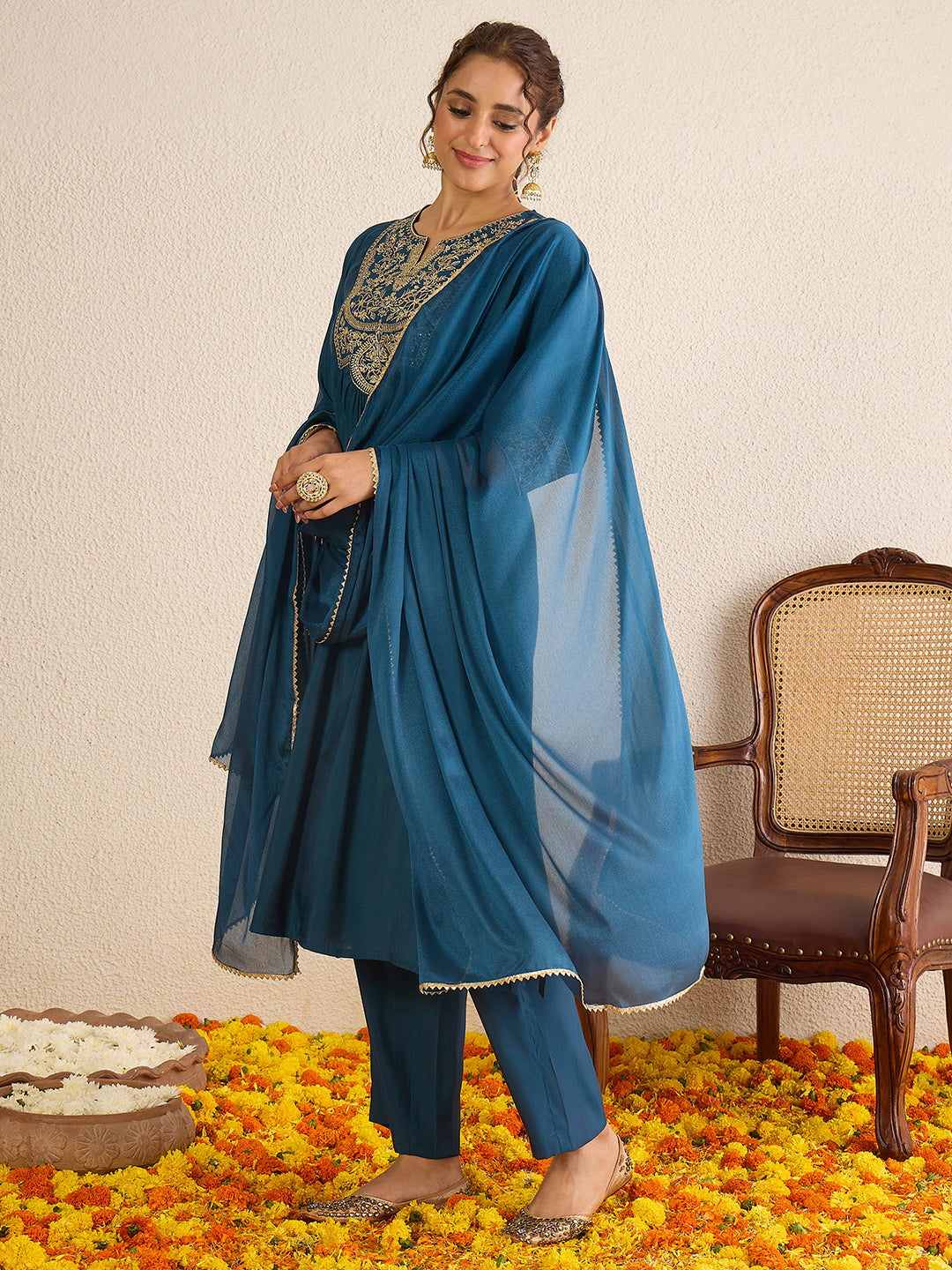 Janasya Women's Teal Blue Chanderi Silk Zari Embroidered A-Line Kurta Set