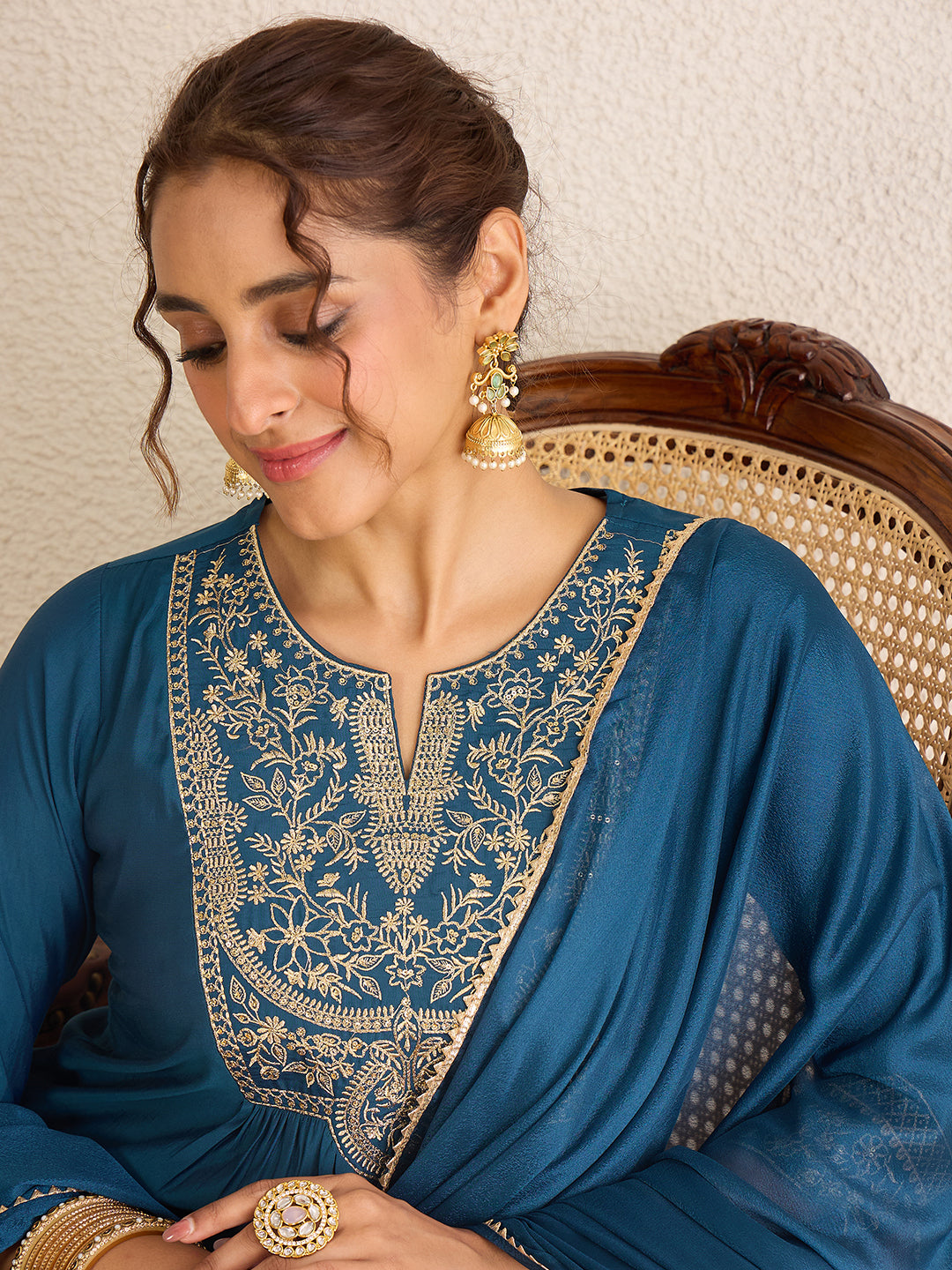 Janasya Women's Teal Blue Chanderi Silk Zari Embroidered A-Line Kurta Set