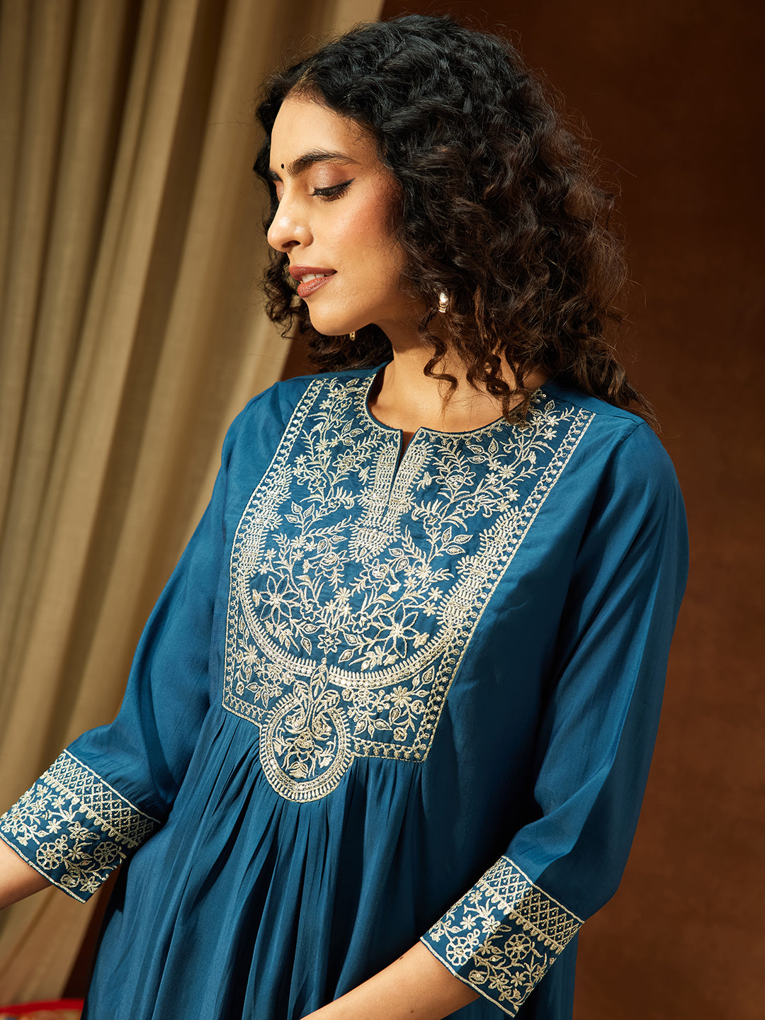 Janasya Women's Teal Blue Chanderi Silk Zari Embroidered A-line Kurta Set