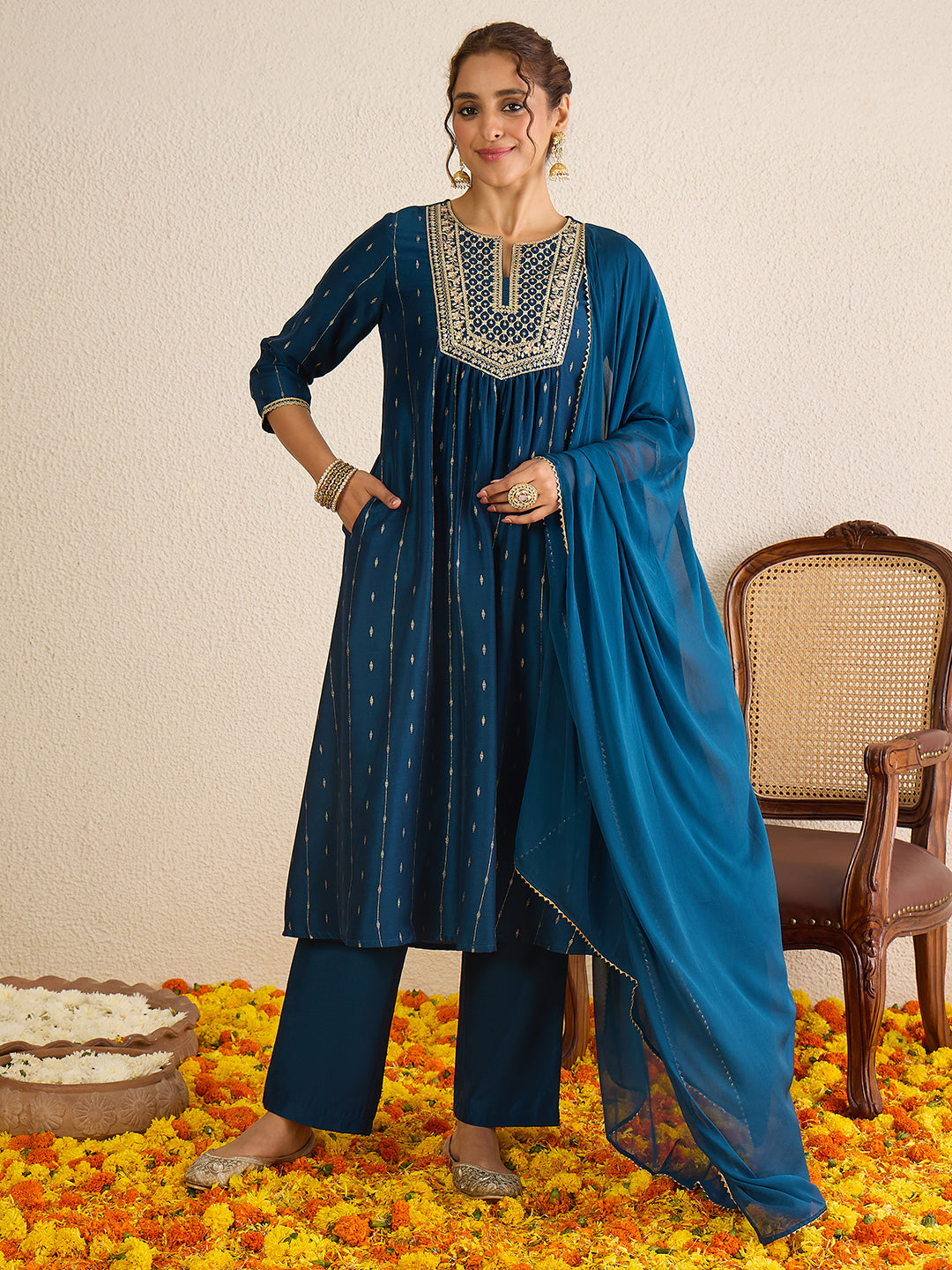 Janasya Women's Teal Blue Silk Blend Floral Zari Yoke Embroidered Foil Printed A-line Kurta Set
