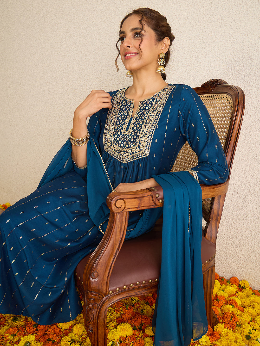 Janasya Women's Teal Blue Silk Blend Floral Zari Yoke Embroidered Foil Printed A-line Kurta Set