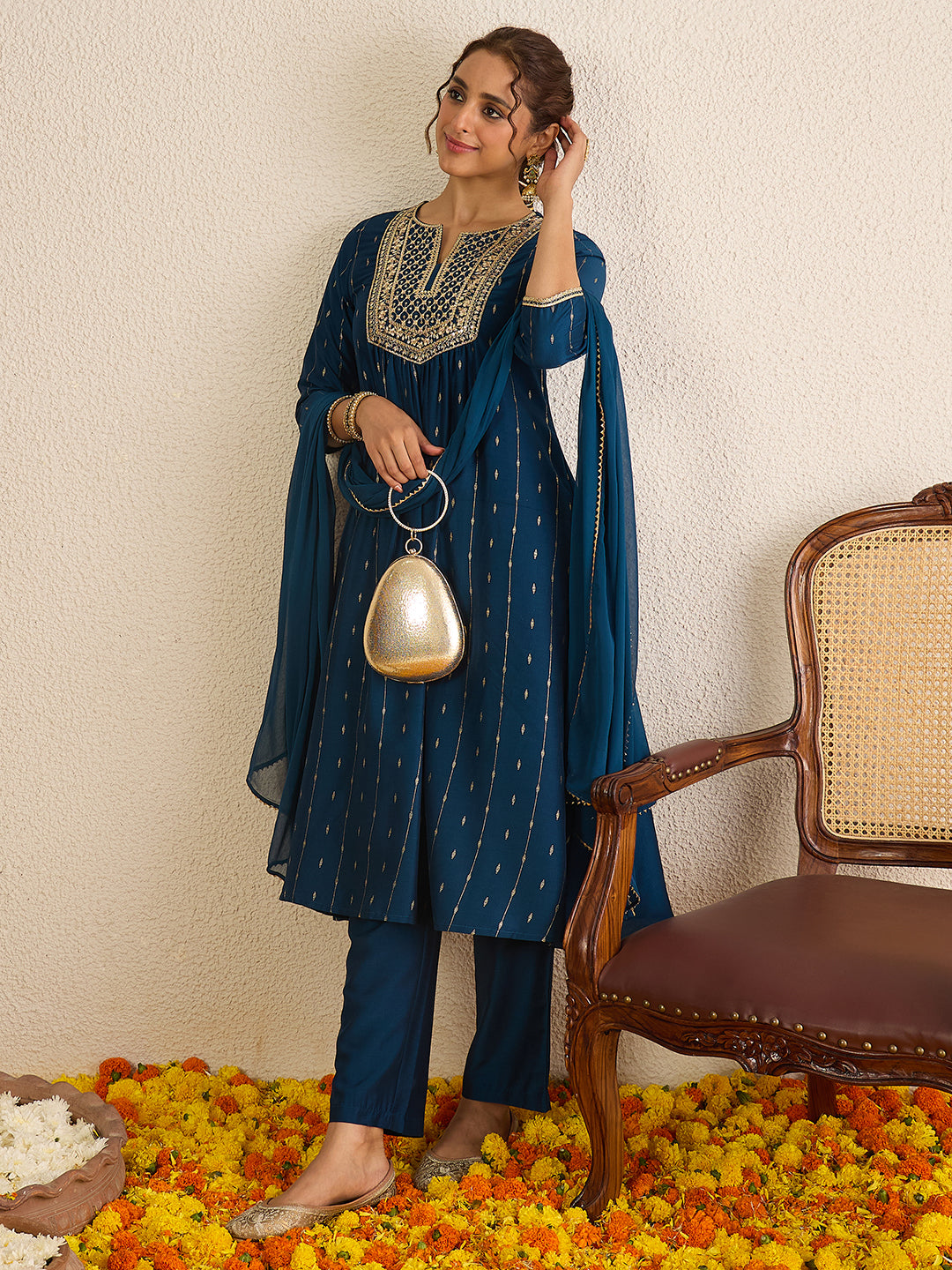 Janasya Women's Teal Blue Silk Blend Floral Zari Yoke Embroidered Foil Printed A-line Kurta Set