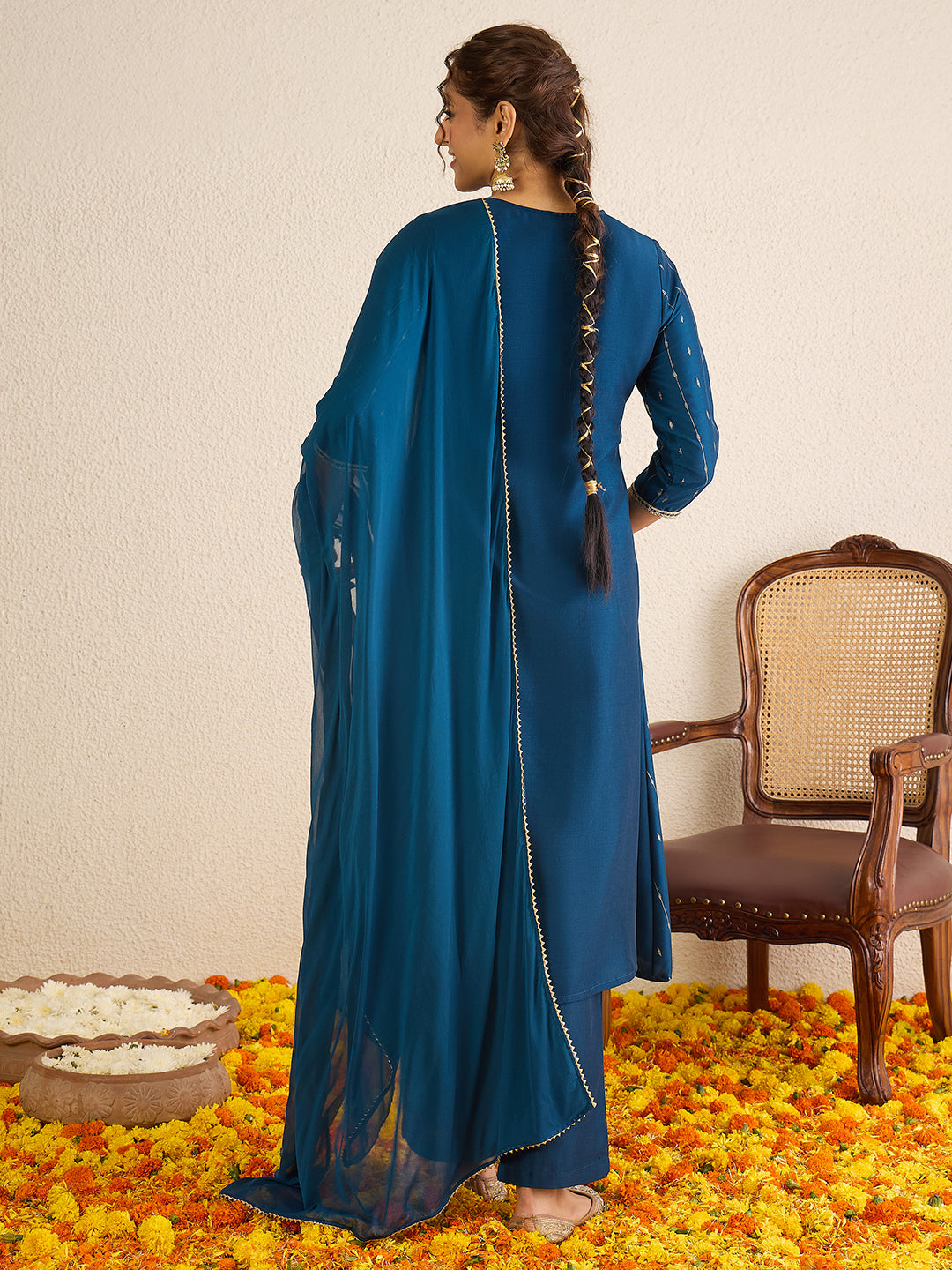 Janasya Women's Teal Blue Silk Blend Floral Zari Yoke Embroidered Foil Printed A-line Kurta Set