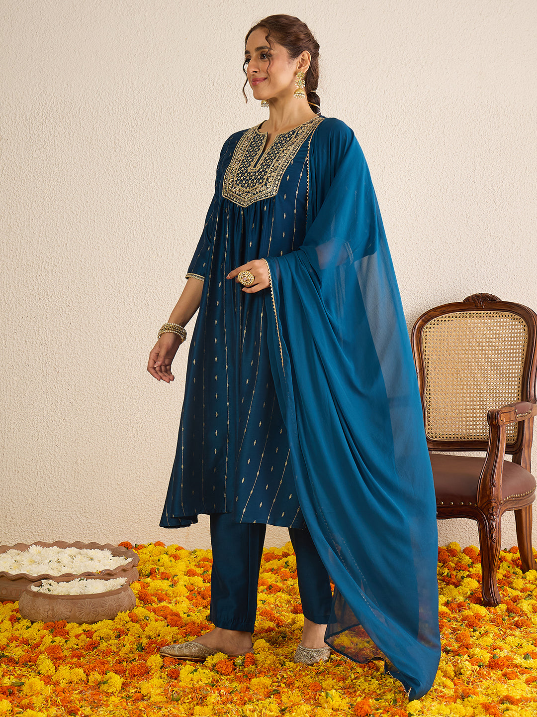 Janasya Women's Teal Blue Silk Blend Floral Zari Yoke Embroidered Foil Printed A-line Kurta Set