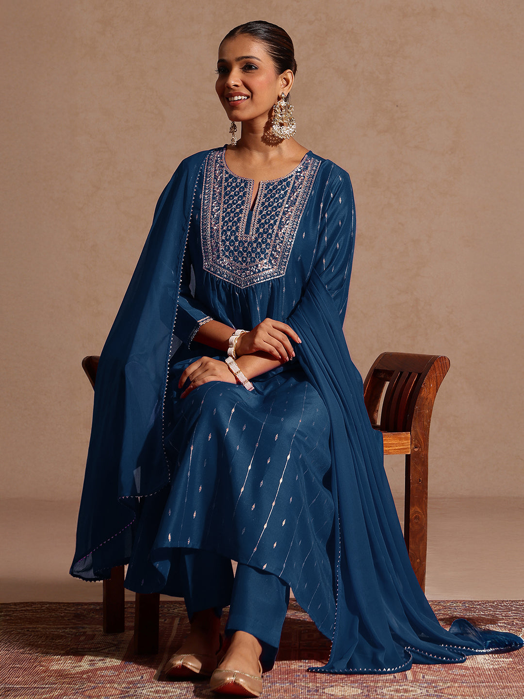 Janasya Women's Teal Blue Silk Blend Zari Yoke Embroidered A-line Kurta Set With Dupatta