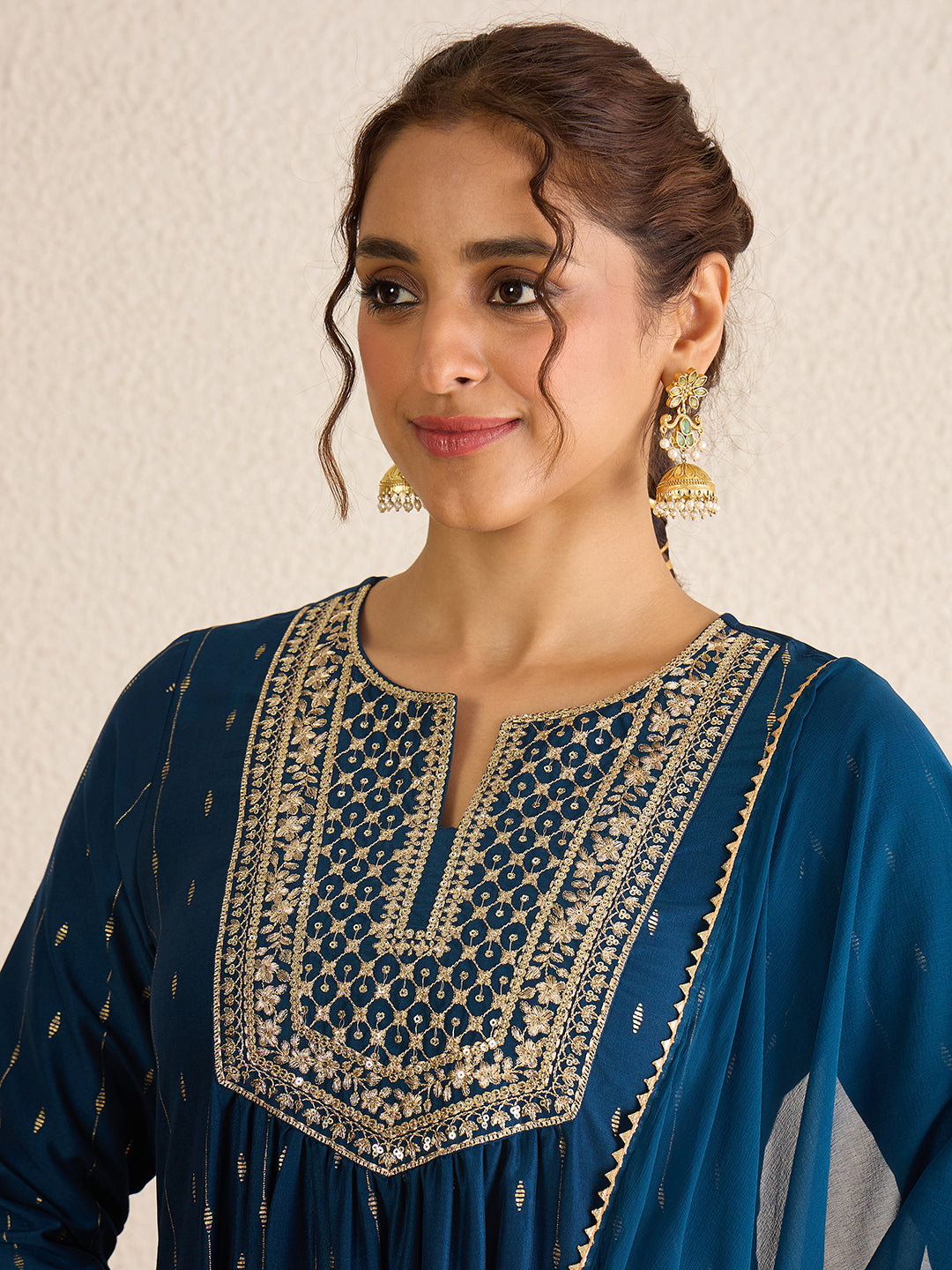 Janasya Women's Teal Blue Silk Blend Floral Zari Yoke Embroidered Foil Printed A-line Kurta Set