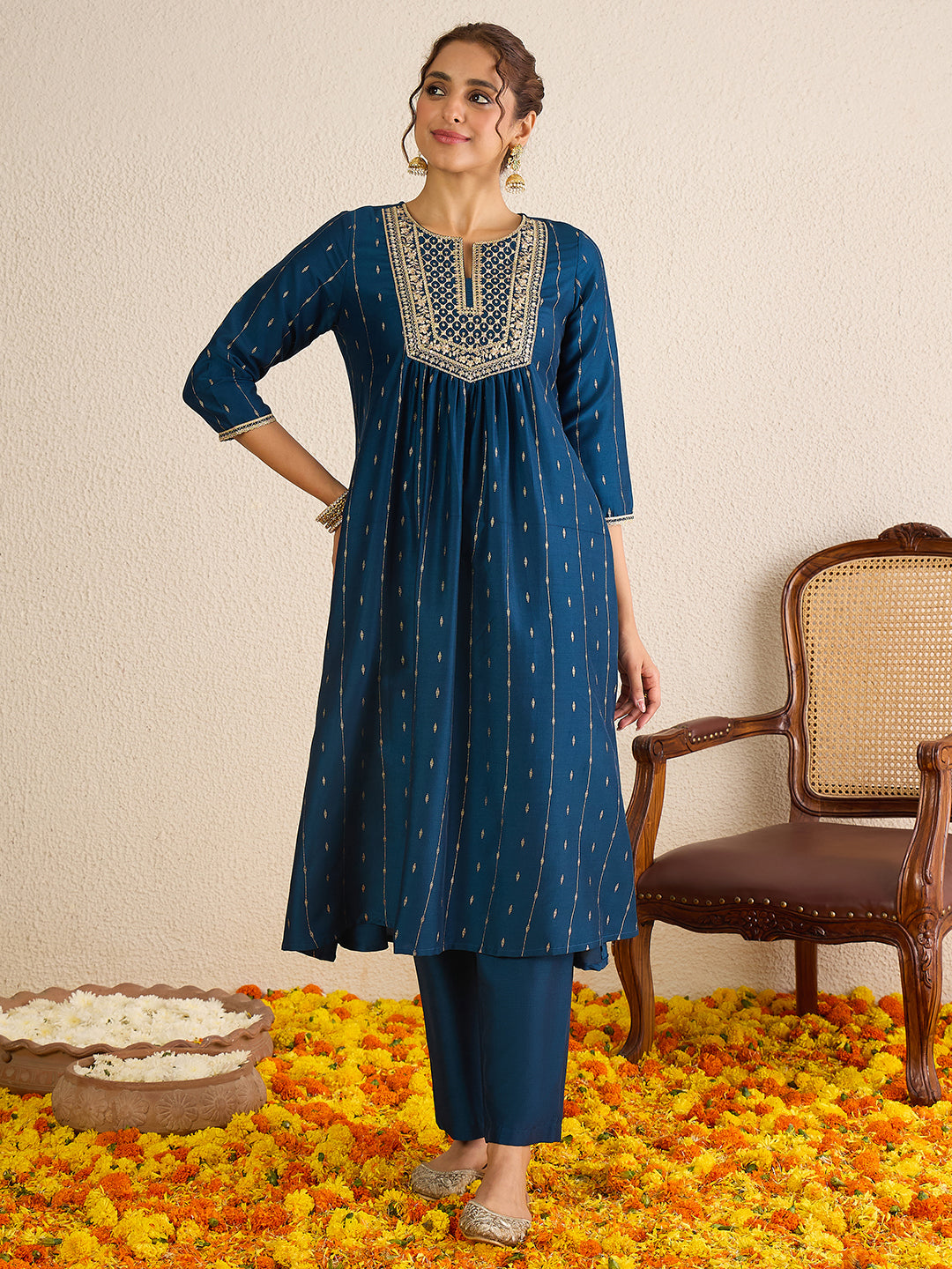 Janasya Women's Teal Blue Silk Blend Floral Zari Yoke Embroidered Foil Printed A-line Kurta Set