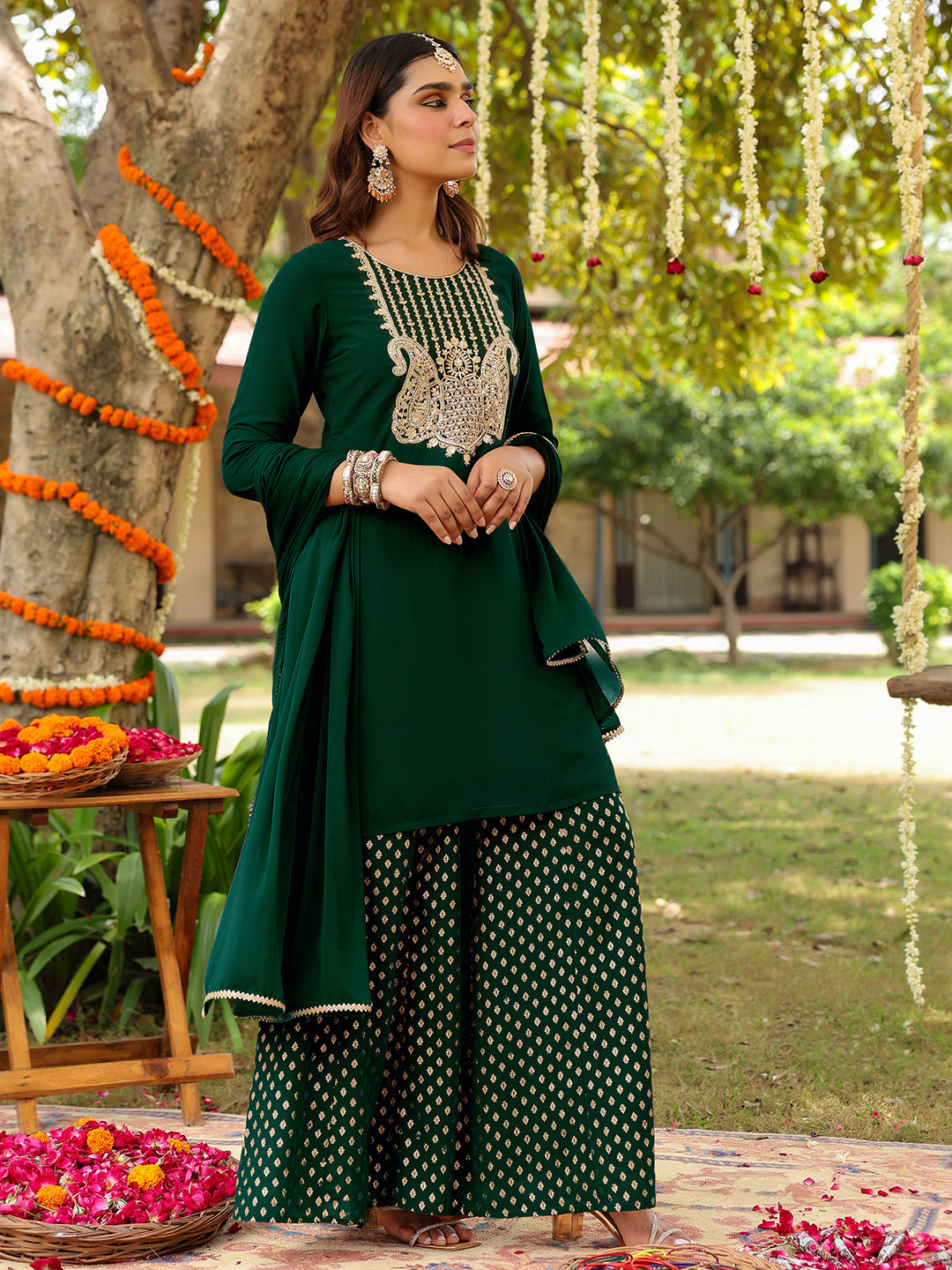 Janasya Women's Dark Green Georgette Embroidered Straight Kurta With Sharara & Dupatta Set