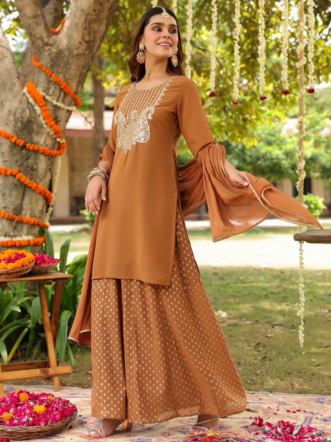 Janasya Women's Brown Georgette Embroidered Straight Kurta With Sharara & Dupatta Set