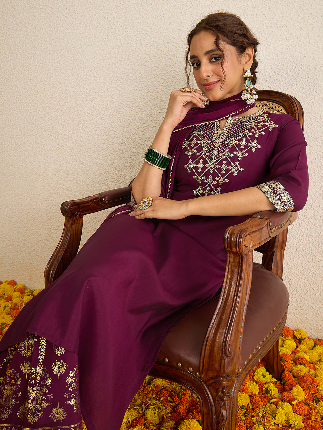 Janasya Women's Wine Chanderi Silk Floral Zari Yoke Embroidered Gold Printed Straight Kurta Set