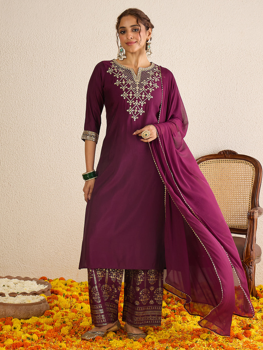 Janasya Women's Wine Chanderi Silk Floral Zari Yoke Embroidered Gold Printed Straight Kurta Set