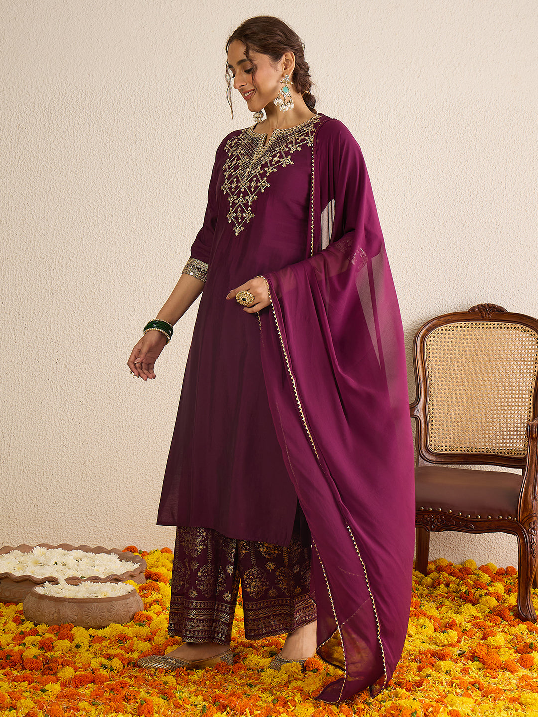 Janasya Women's Wine Chanderi Silk Floral Zari Yoke Embroidered Gold Printed Straight Kurta Set