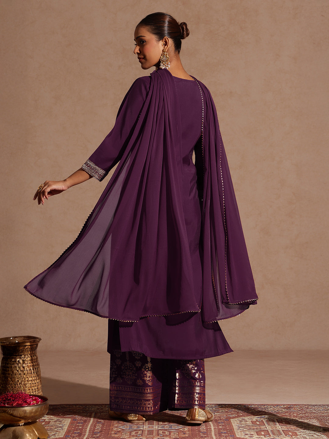 Janasya Women's Wine Chanderi Silk Embellished Straight Kurta With Palazzo & Dupatta Set