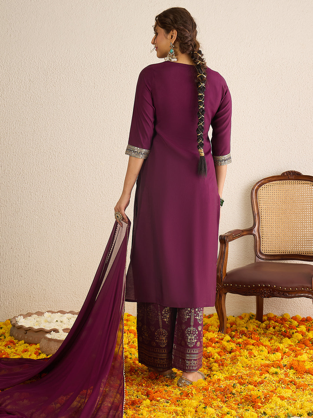 Janasya Women's Wine Chanderi Silk Floral Zari Yoke Embroidered Gold Printed Straight Kurta Set