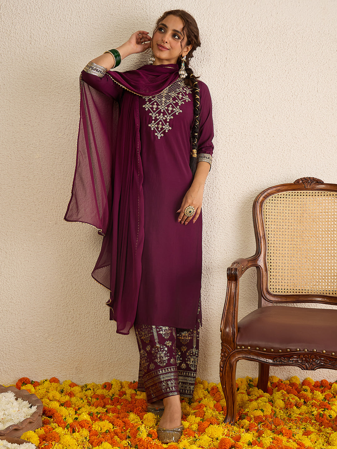 Janasya Women's Wine Chanderi Silk Floral Zari Yoke Embroidered Gold Printed Straight Kurta Set