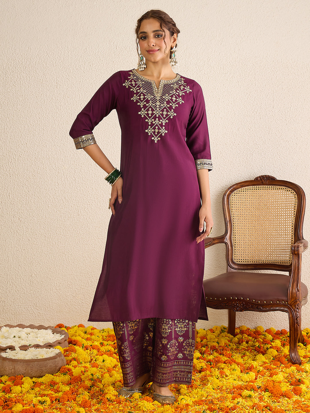 Janasya Women's Wine Chanderi Silk Floral Zari Yoke Embroidered Gold Printed Straight Kurta Set