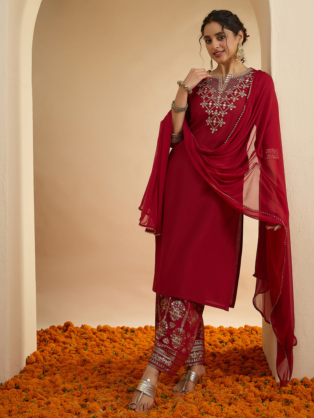 Janasya Women's Maroon Chanderi Silk Zari Embroidered Straight Kurta Set