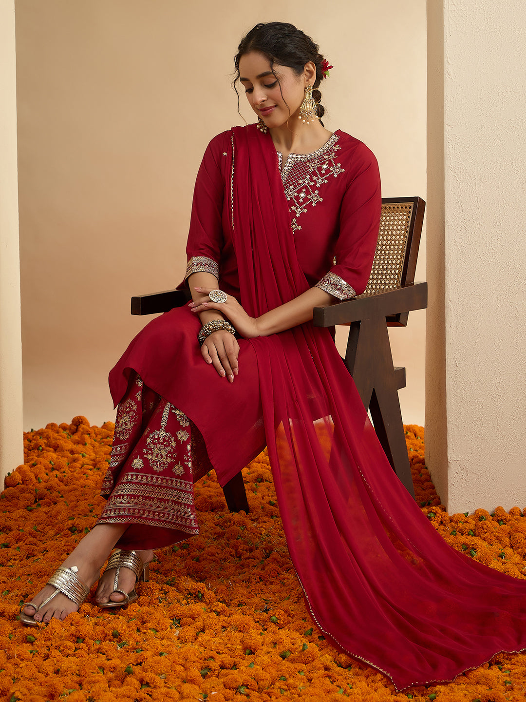 Janasya Women's Maroon Chanderi Silk Zari Embroidered Straight Kurta Set