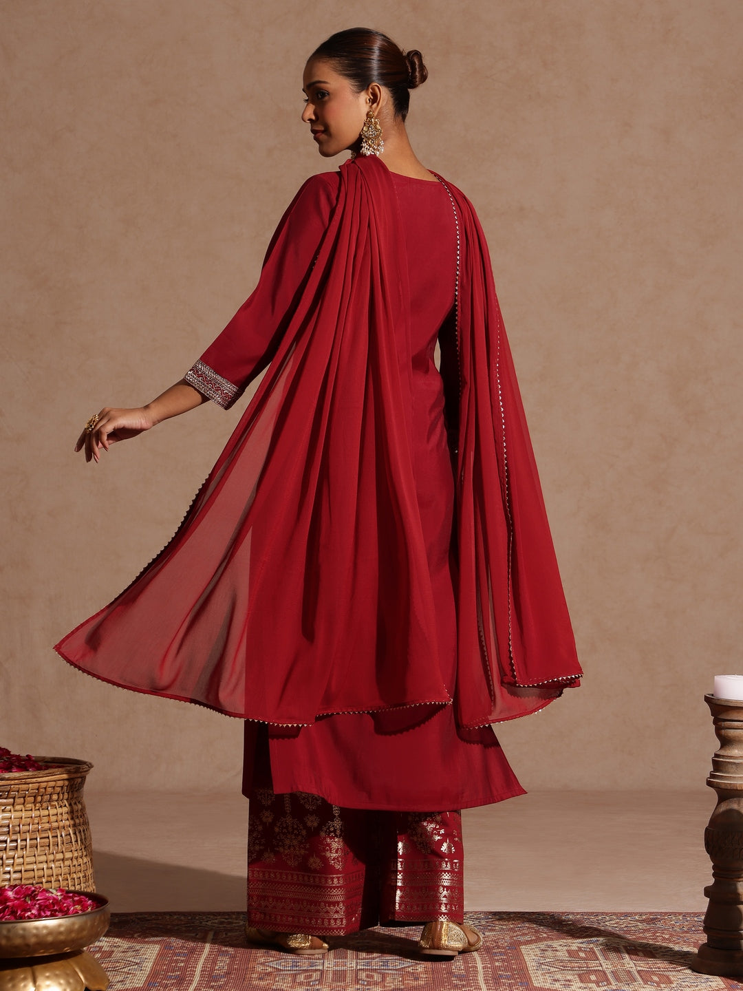 Janasya Women's Maroon Chanderi Silk Zari Embroidered Gold Printed Straight Kurta Set