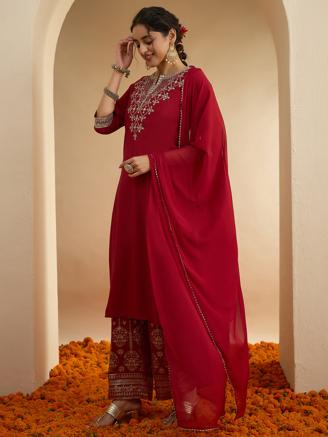 Janasya Women's Maroon Chanderi Silk Zari Embroidered Straight Kurta Set