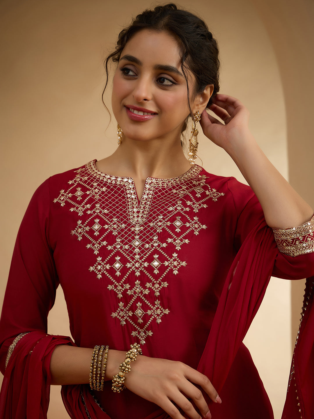 Janasya Women's Maroon Chanderi Silk Zari Embroidered Straight Kurta Set