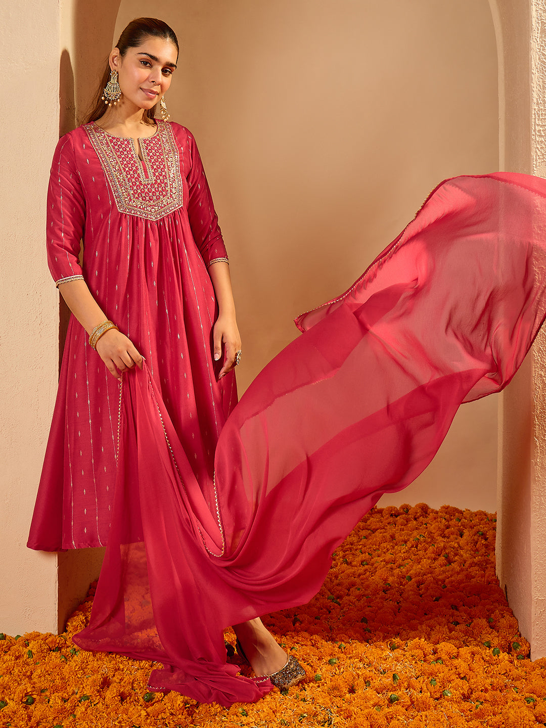 Janasya Women's Pink Silk Blend Floral Zari Embroidered Foil Printed A-line Kurta Set