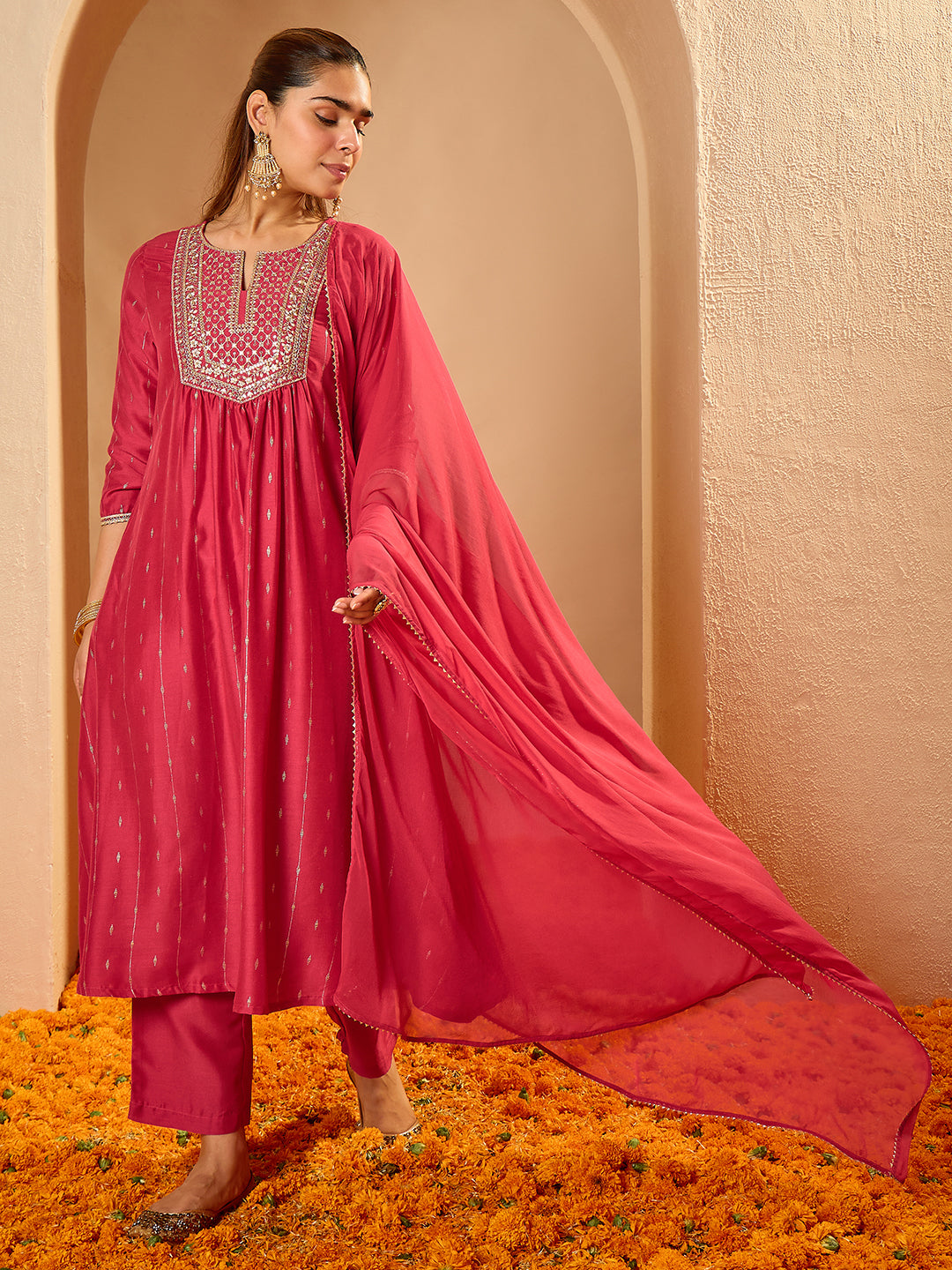 Janasya Women's Pink Silk Blend Floral Zari Embroidered Foil Printed A-line Kurta Set