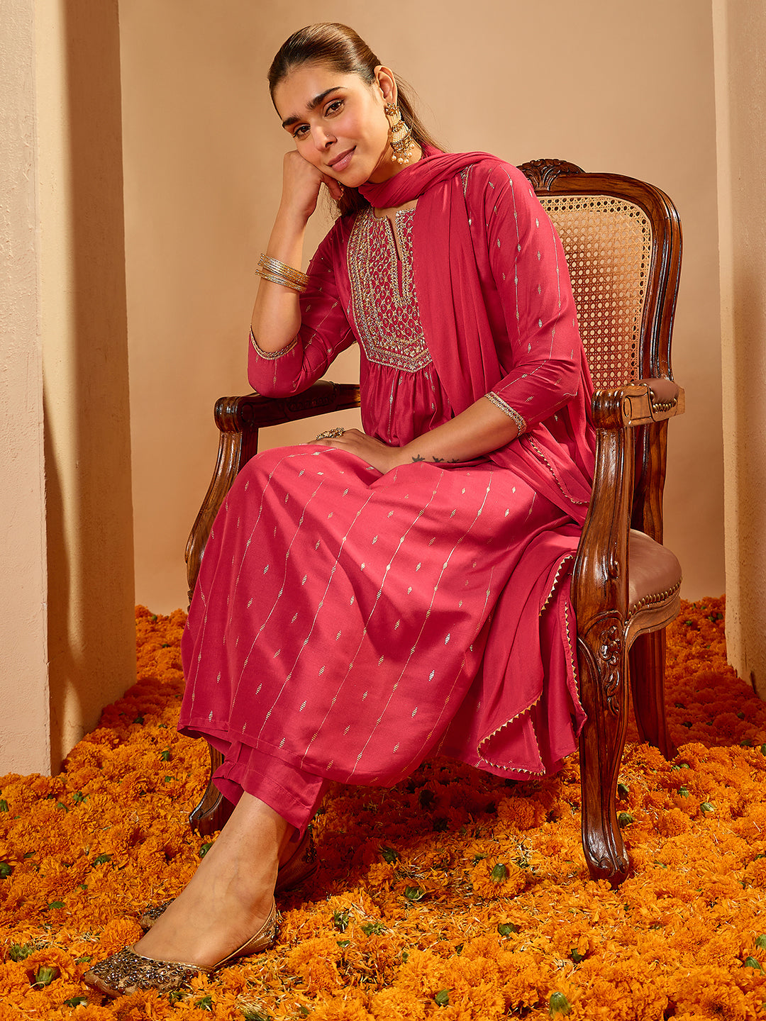 Janasya Women's Pink Silk Blend Floral Zari Embroidered Foil Printed A-line Kurta Set