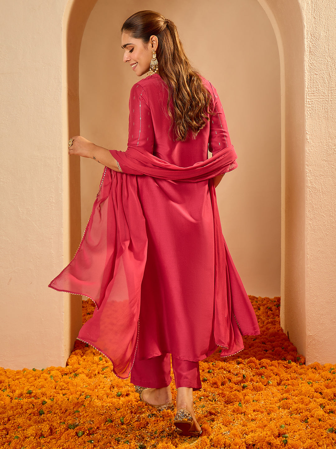 Janasya Women's Pink Silk Blend Floral Zari Embroidered Foil Printed A-line Kurta Set