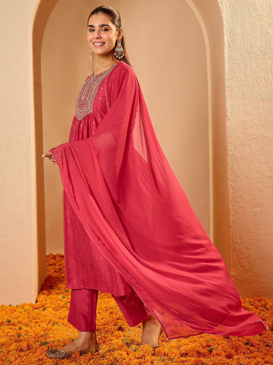 Janasya Women's Pink Silk Blend Floral Zari Embroidered Foil Printed A-line Kurta Set