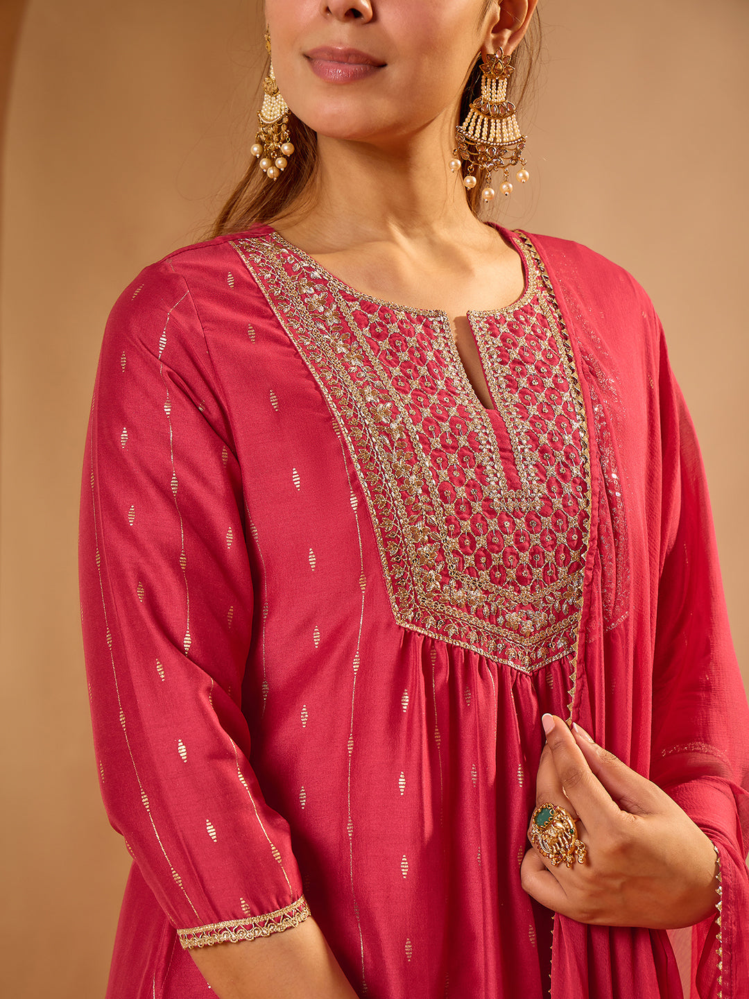 Janasya Women's Pink Silk Blend Floral Zari Embroidered Foil Printed A-line Kurta Set