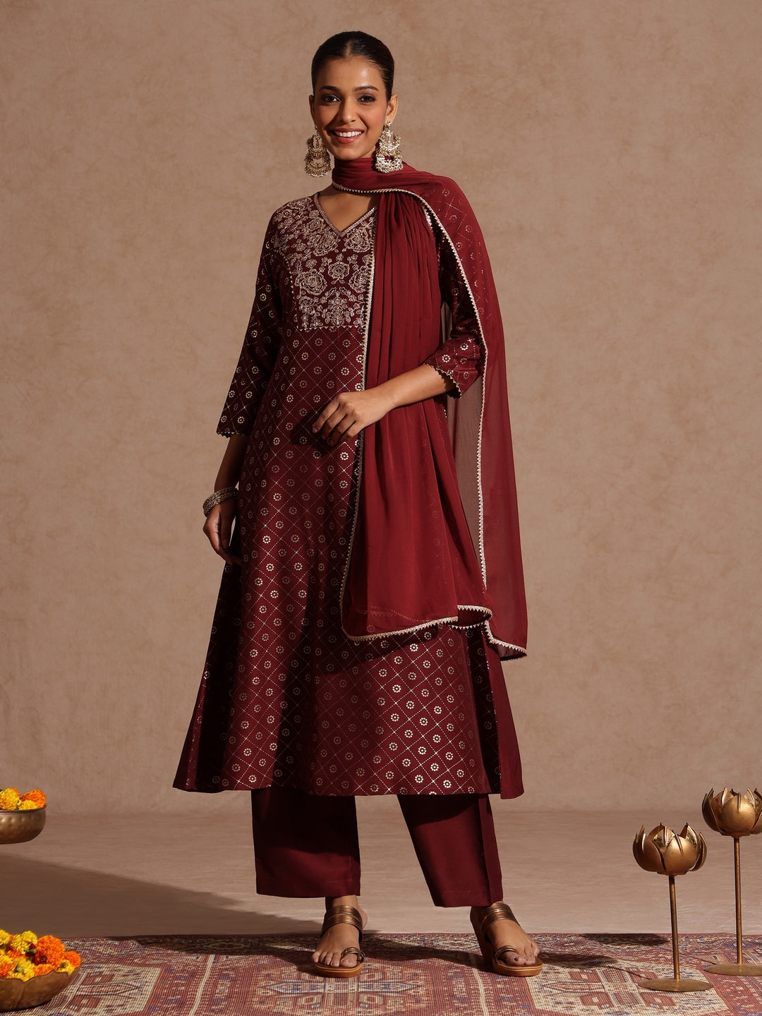 Janasya Women's Maroon Silk Blend Foil Printed Yoke Embroidered A-line Kurta Set