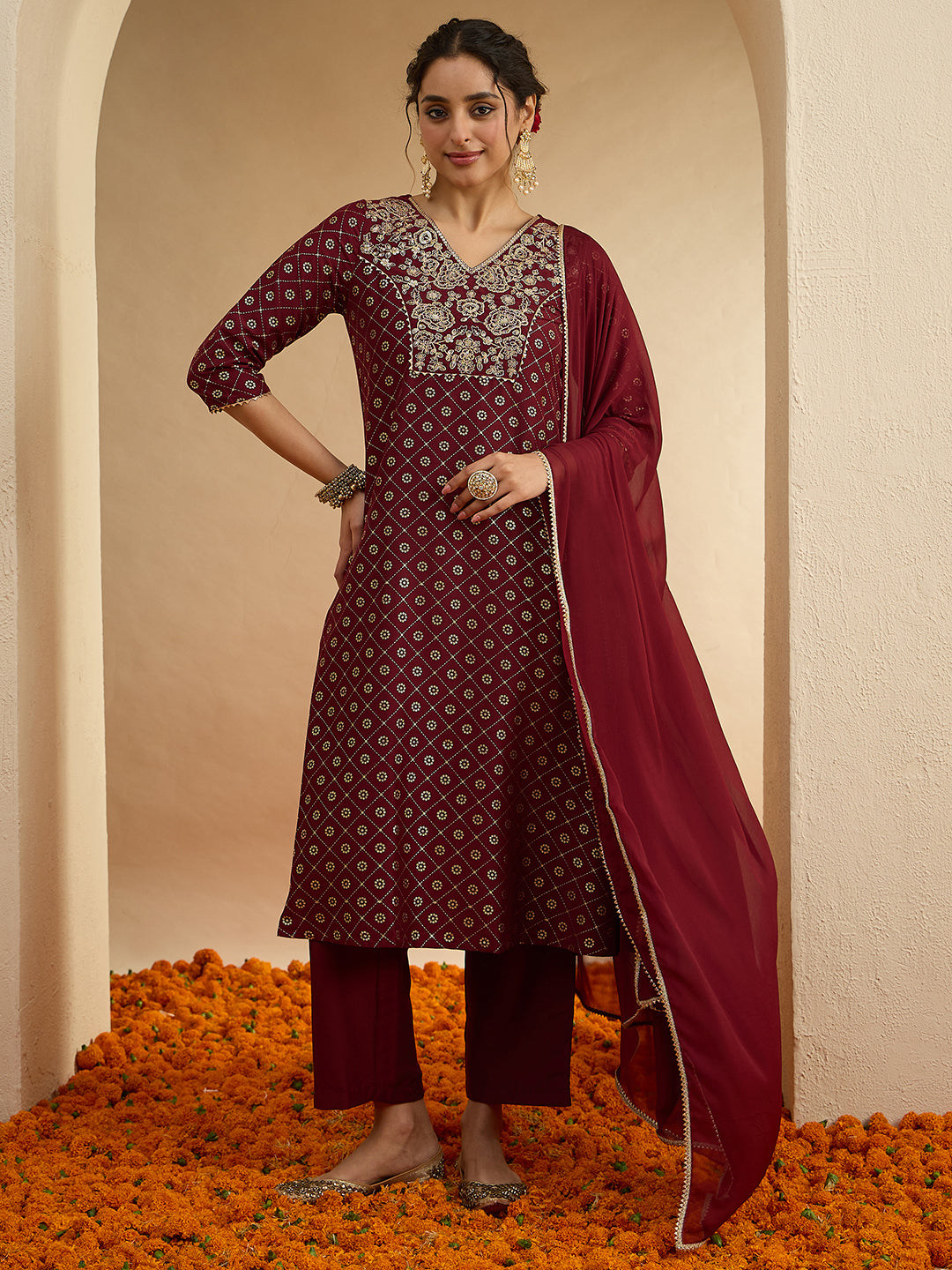 Janasya Women's Brown Silk Blend Floral Yoke Embroidered Foil Printed A-line Kurta Set