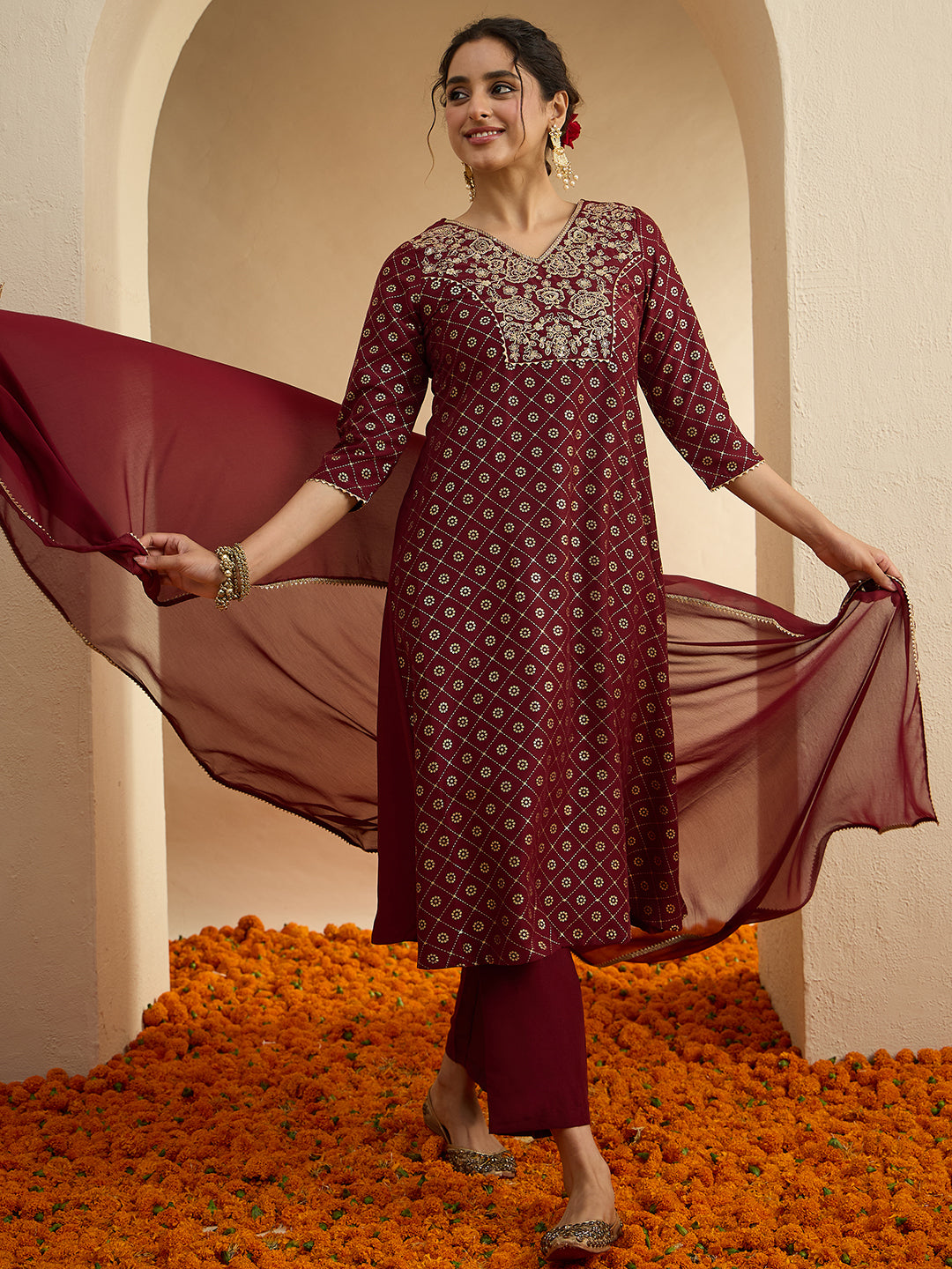 Janasya Women's Brown Silk Blend Floral Yoke Embroidered Foil Printed A-line Kurta Set