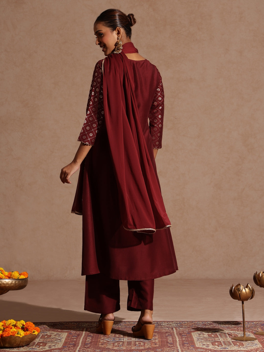Janasya Women's Maroon Silk Blend Foil Printed Yoke Embroidered A-line Kurta Set