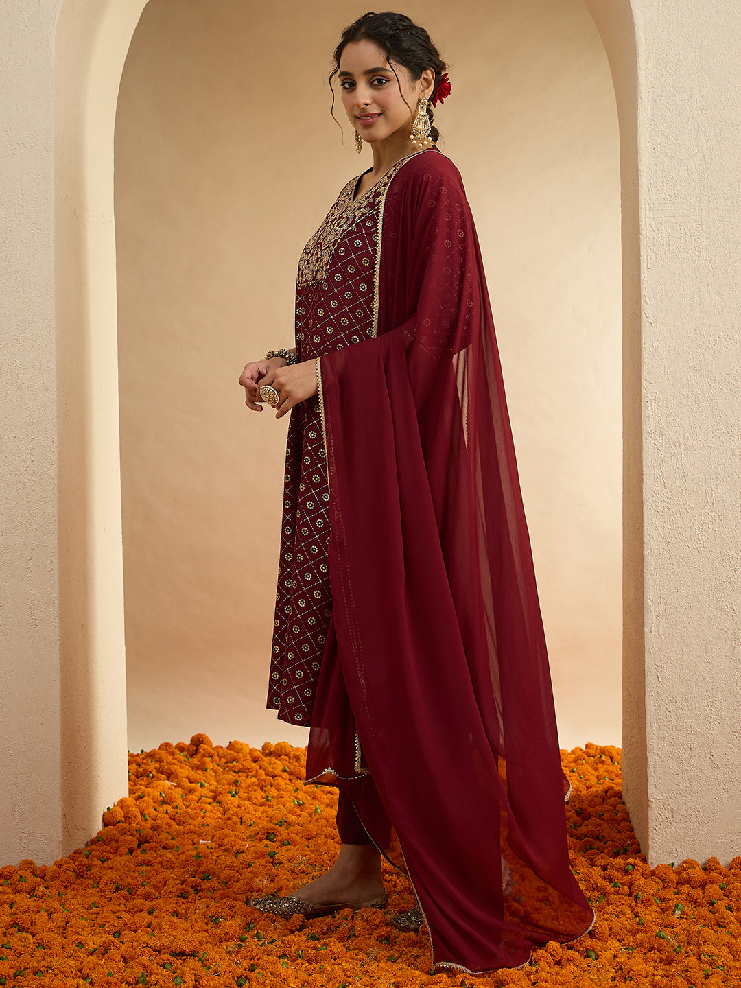 Janasya Women's Brown Silk Blend Floral Yoke Embroidered Foil Printed A-line Kurta Set