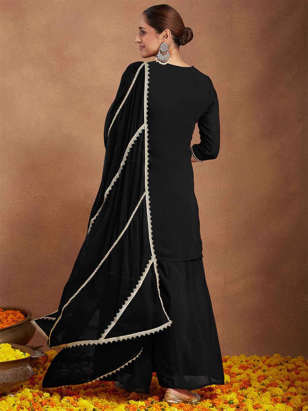 Janasya Women's Black Georgette Zari Embroidered Straight Kurta With Palazzo & Dupatta Set