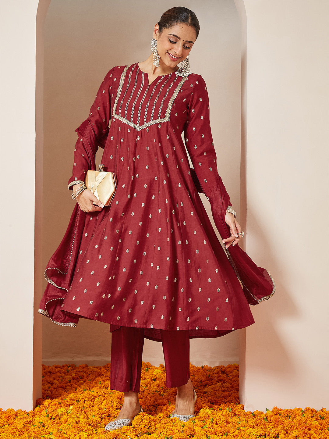 Janasya Women's Maroon Chanderi Silk Embellished Gold Printed Anarkali Kurta Set