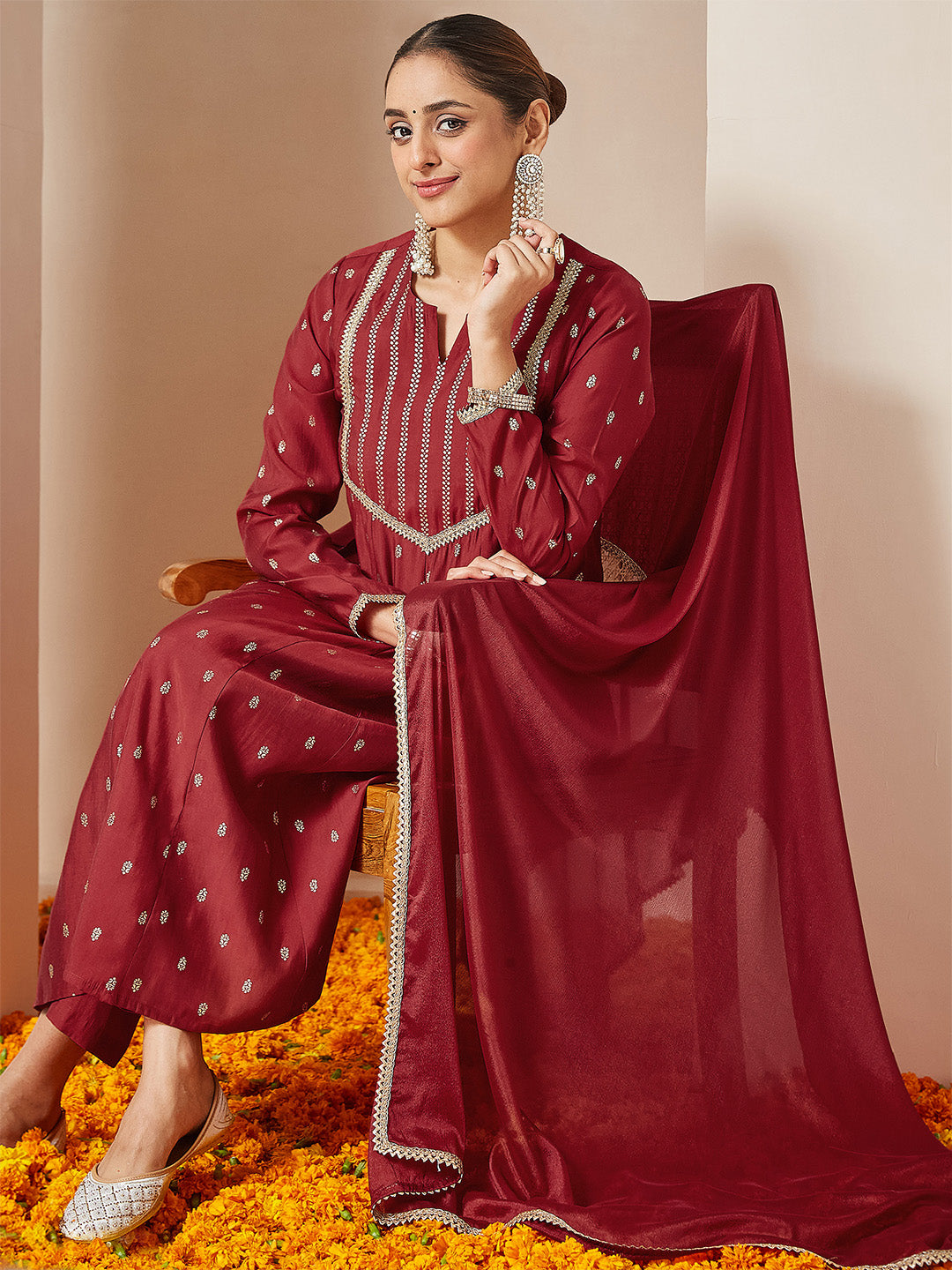 Janasya Women's Maroon Chanderi Silk Embellished Gold Printed Anarkali Kurta Set