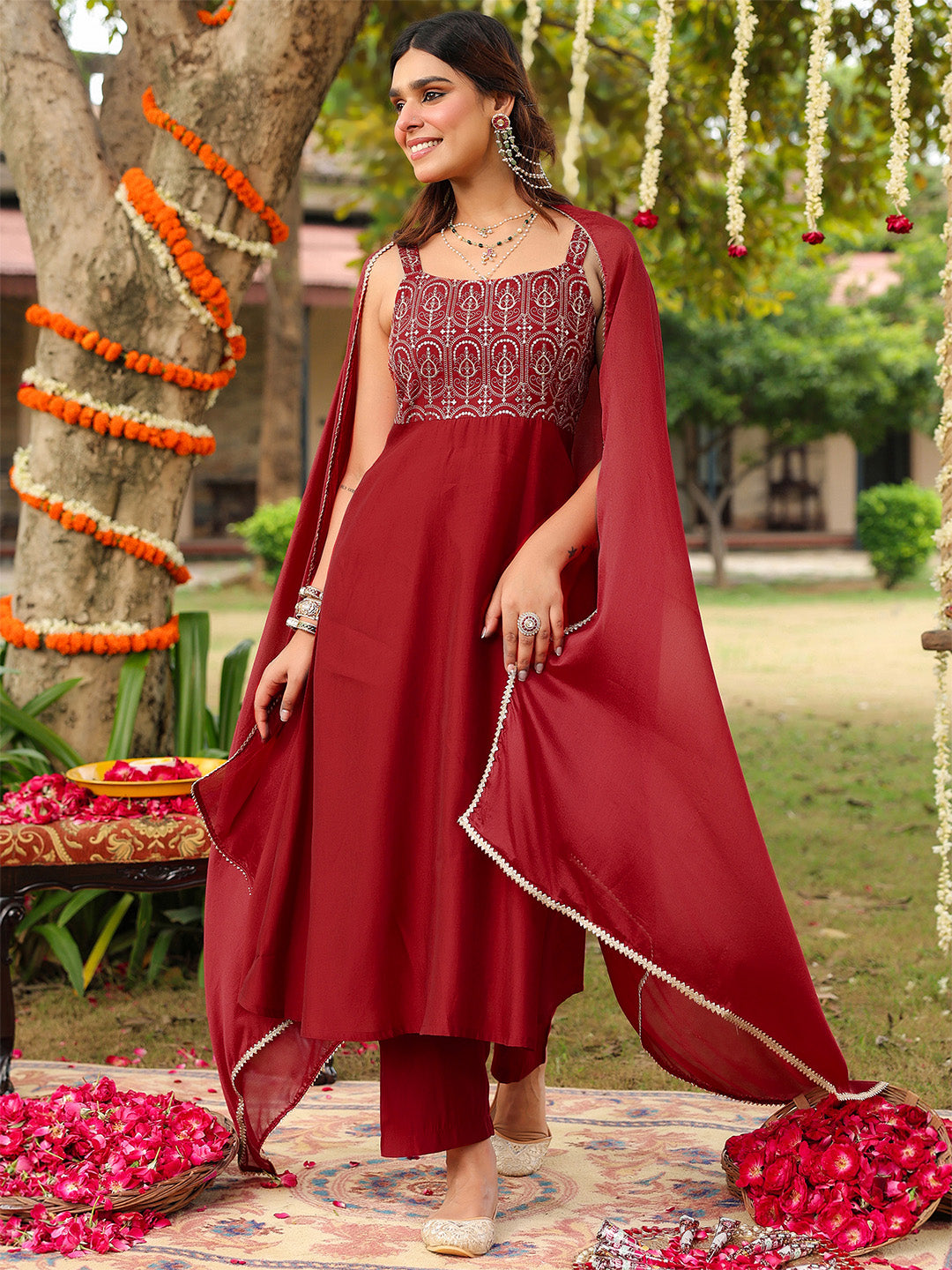 Janasya Women's Maroon Chanderi Silk Zari Embroiderd A-line Kurta Set