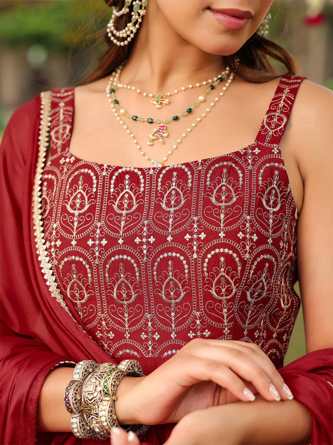 Janasya Women's Maroon Chanderi Silk Zari Embroiderd A-line Kurta Set