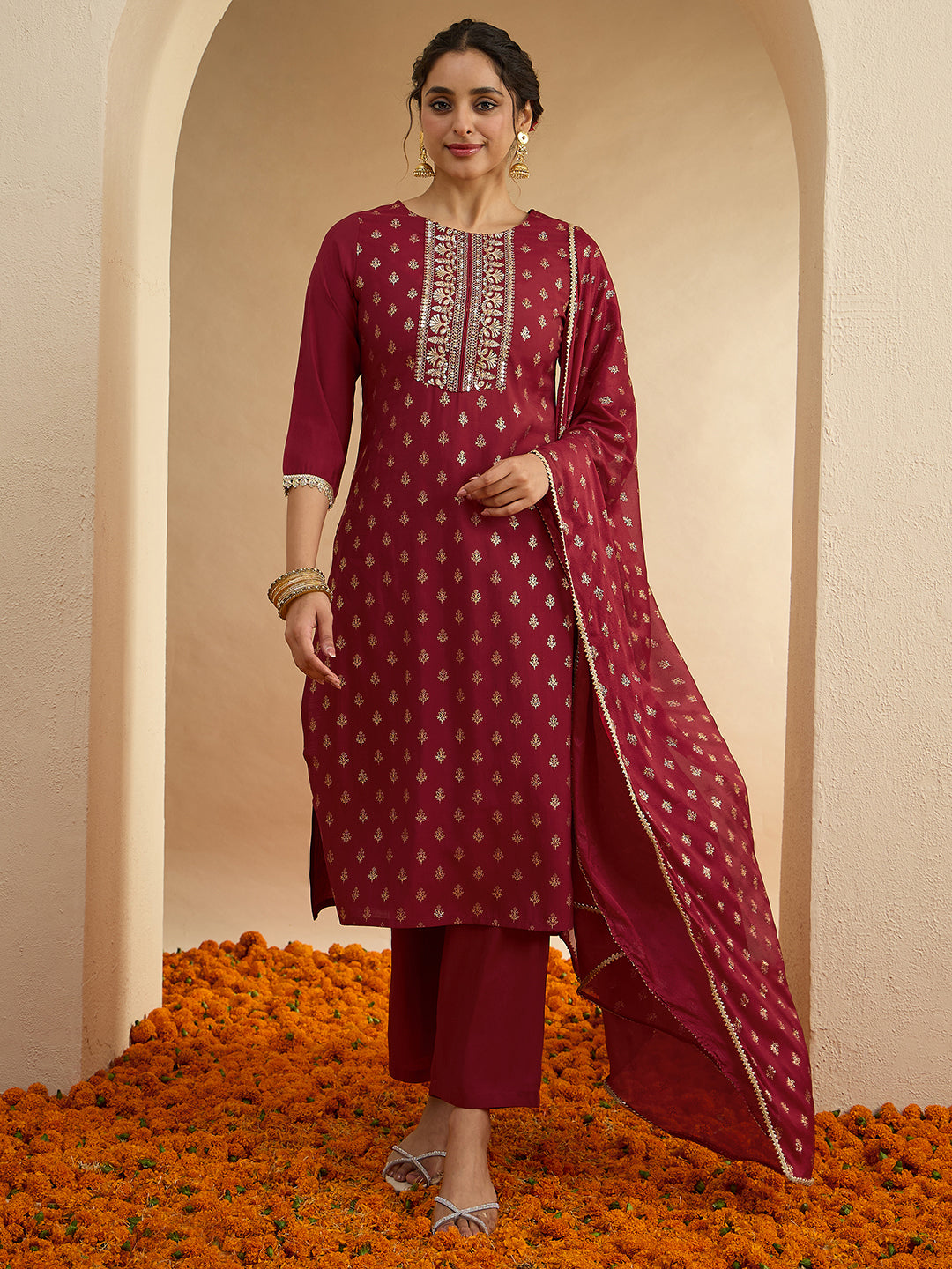 Janasya Women's Maroon Chanderi Silk Floral Embroidered Foil Print Kurta Set with Printed Dupatta