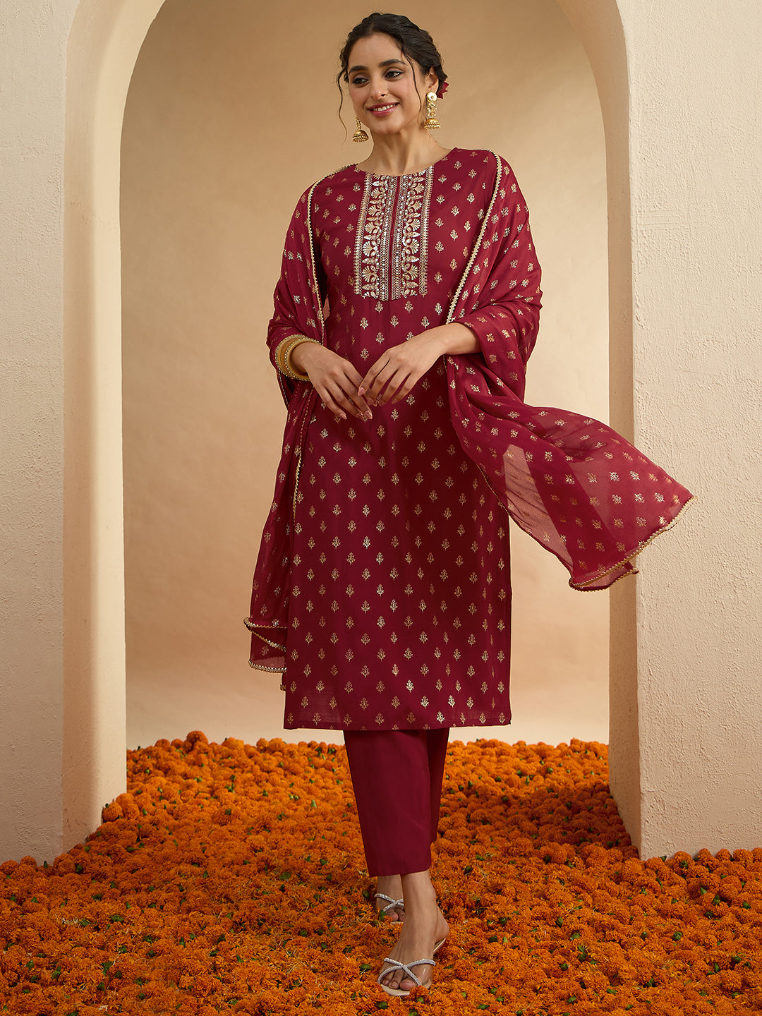 Janasya Women's Maroon Chanderi Silk Floral Embroidered Foil Print Kurta Set with Printed Dupatta