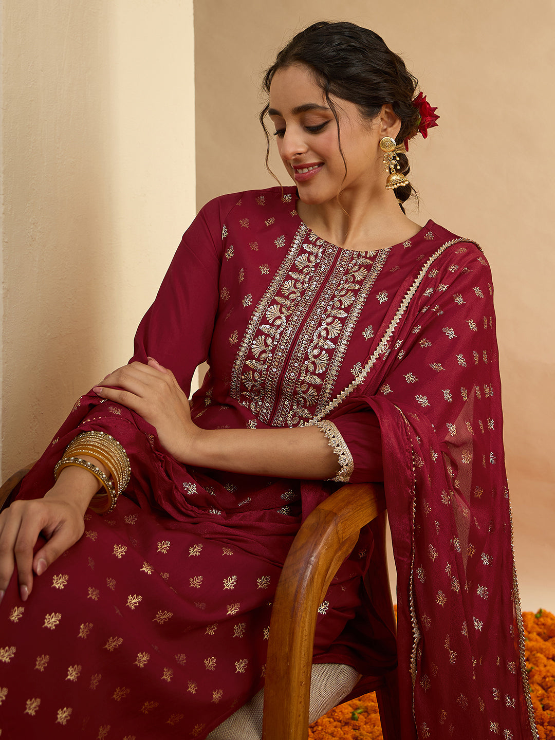 Janasya Women's Maroon Chanderi Silk Floral Embroidered Foil Print Kurta Set with Printed Dupatta