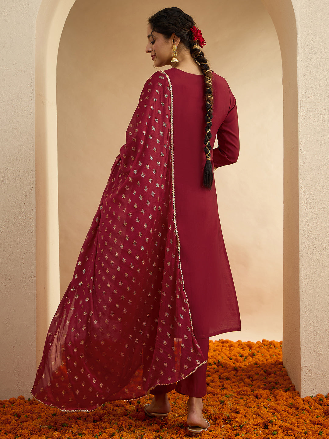 Janasya Women's Maroon Chanderi Silk Floral Embroidered Foil Print Kurta Set with Printed Dupatta